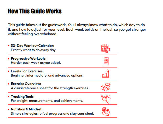 Overview of the 30-Day Home Fitness Challenge program structure showing schedule, progression plan, and tracking tools.