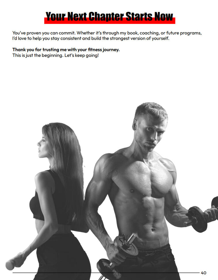 Next steps and continuing fitness journey page from the 30-Day Home Fitness Challenge by Alexander Pierce, CPT.