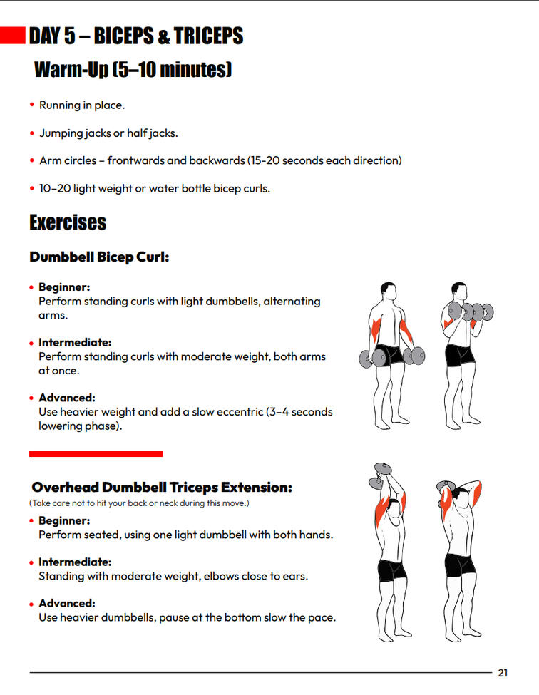 Workout plan from the 30-Day Home Fitness Challenge showing strength and conditioning exercises for home training.